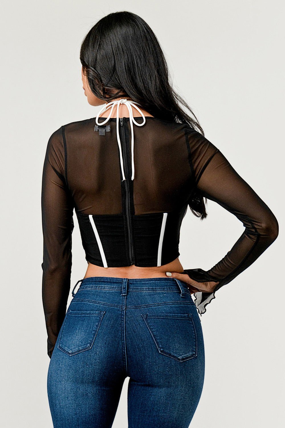 Cecilia Long Sleeve Contrast Binding Mesh Corset Top - ShopRbls