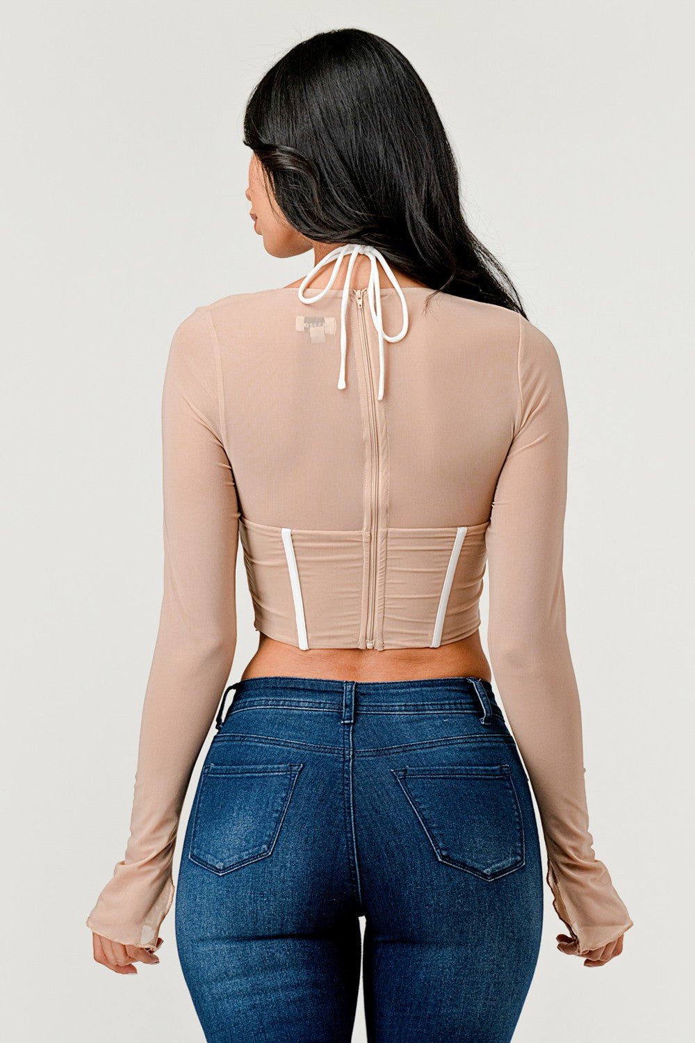 Cecilia Long Sleeve Contrast Binding Mesh Corset Top - ShopRbls