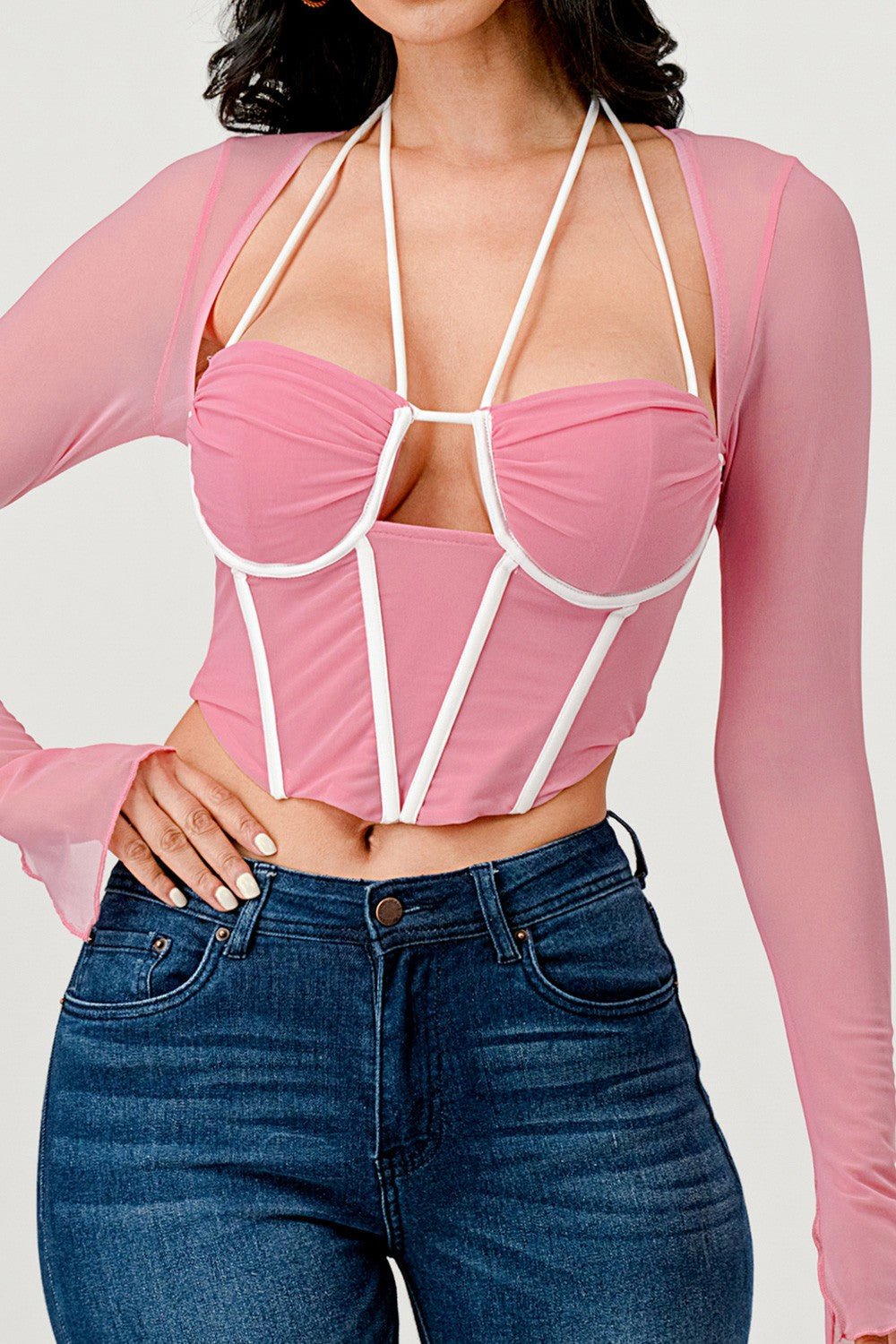 Cecilia Long Sleeve Contrast Binding Mesh Corset Top - ShopRbls