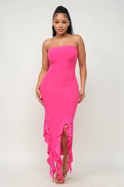 Charmed Strapless Ruffle Trim Bodycon Midi Dress - ShopRbls