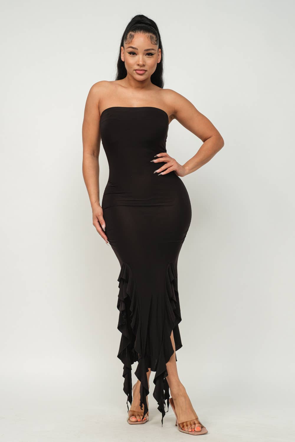 Charmed Strapless Ruffle Trim Bodycon Midi Dress - ShopRbls