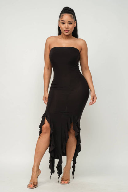 Charmed Strapless Ruffle Trim Bodycon Midi Dress - ShopRbls