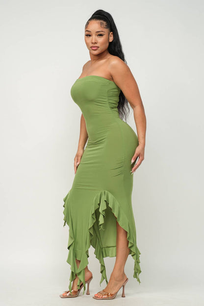 Charmed Strapless Ruffle Trim Bodycon Midi Dress - ShopRbls