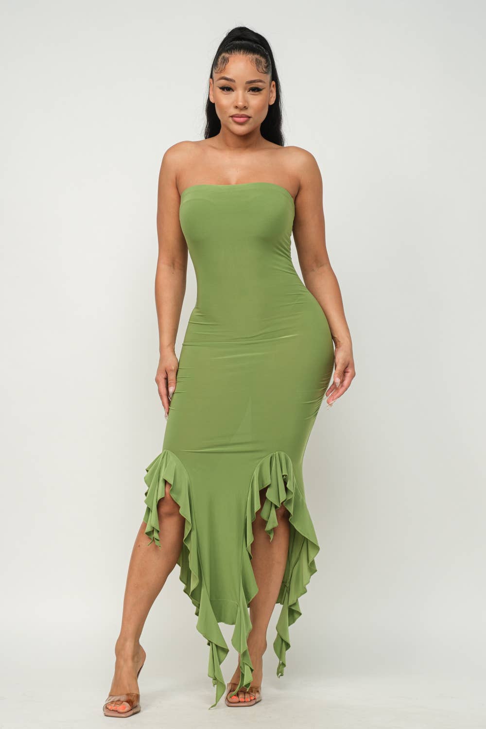 Charmed Strapless Ruffle Trim Bodycon Midi Dress - ShopRbls