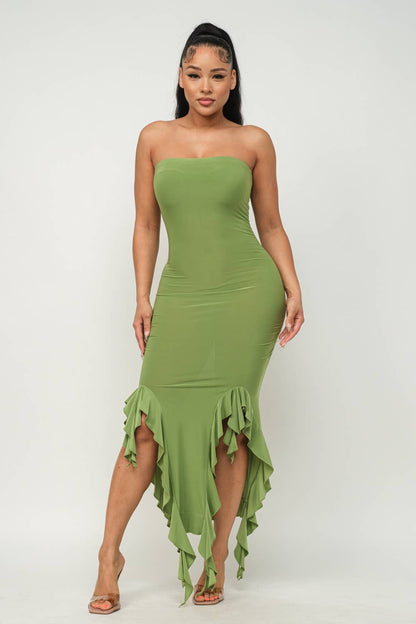 Charmed Strapless Ruffle Trim Bodycon Midi Dress - ShopRbls