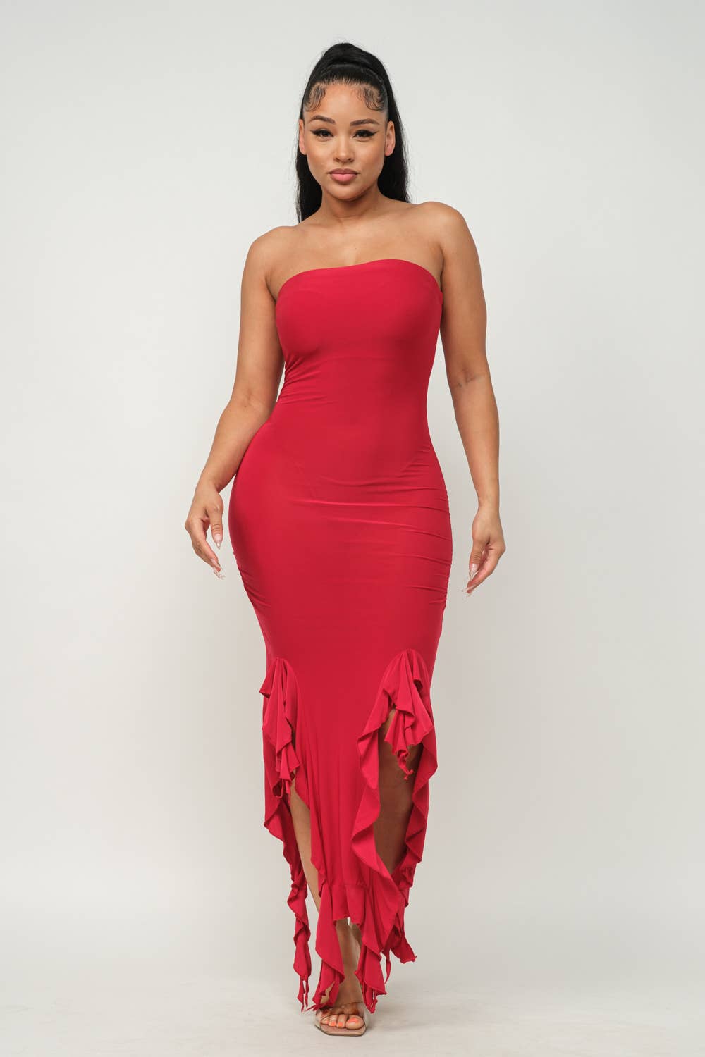 Charmed Strapless Ruffle Trim Bodycon Midi Dress - ShopRbls