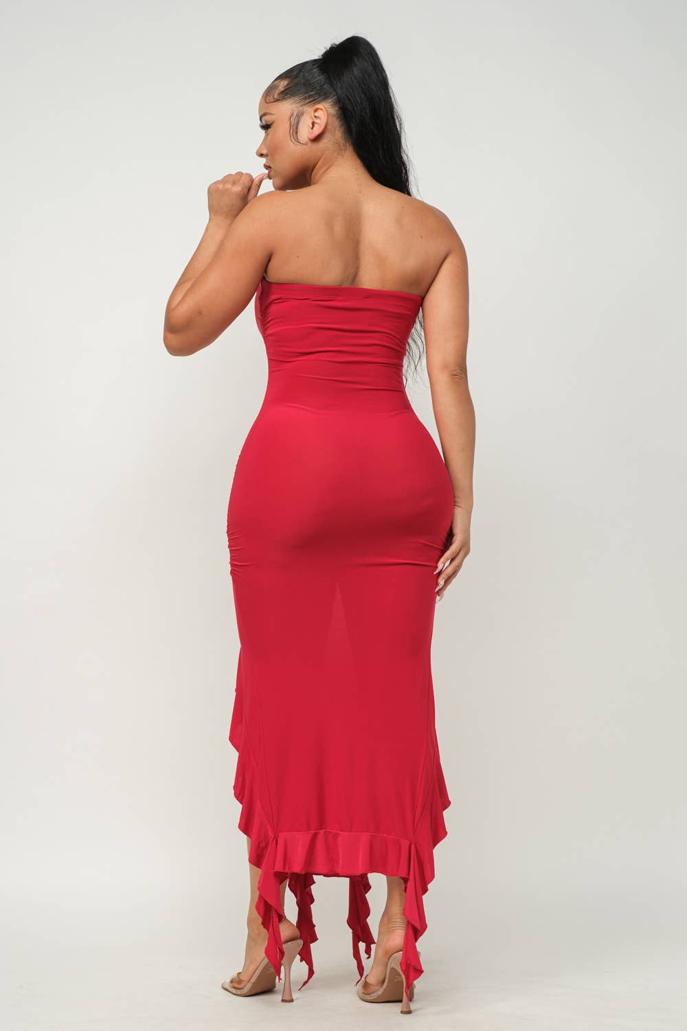 Charmed Strapless Ruffle Trim Bodycon Midi Dress - ShopRbls