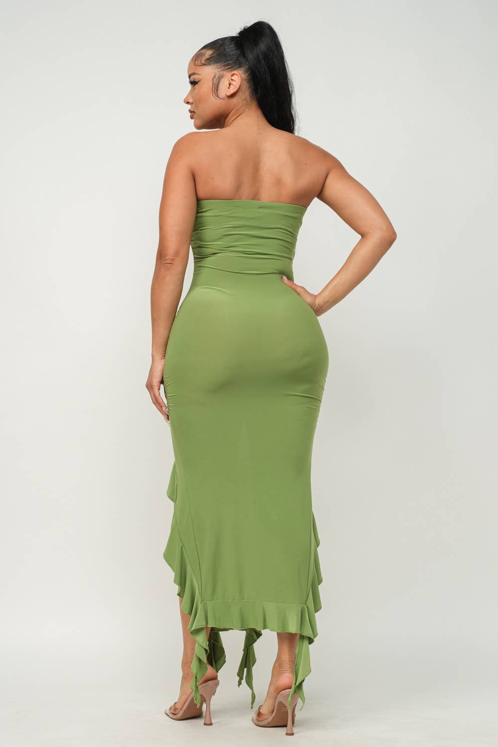 Charmed Strapless Ruffle Trim Bodycon Midi Dress - ShopRbls