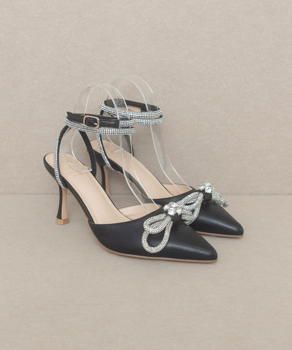 Chelsea Diamanté Bow Ankle Strap Pointed - Toe Pumps - ShopRbls