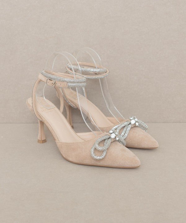 Chelsea Diamanté Bow Ankle Strap Pointed - Toe Pumps - ShopRbls