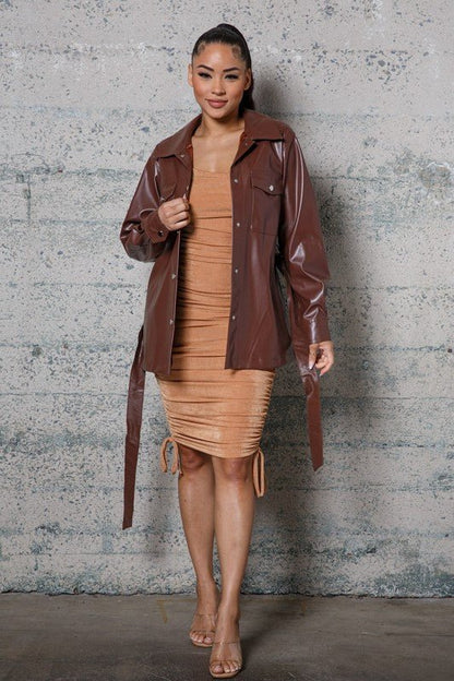 Chic Factor Longline Faux Leather Belted Jacket - ShopRbls