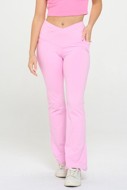 Comfy Peach Crossover High Waisted Flare Leggings - ShopRbls