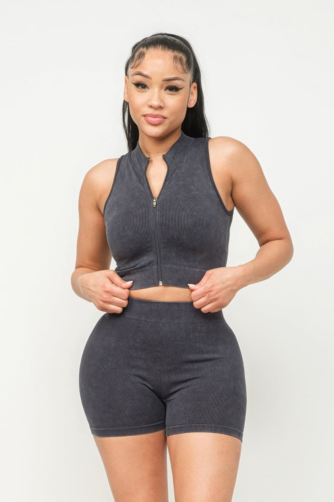 Comfy Peach Washed Seamless Zipper Top And Shorts Set - ShopRbls