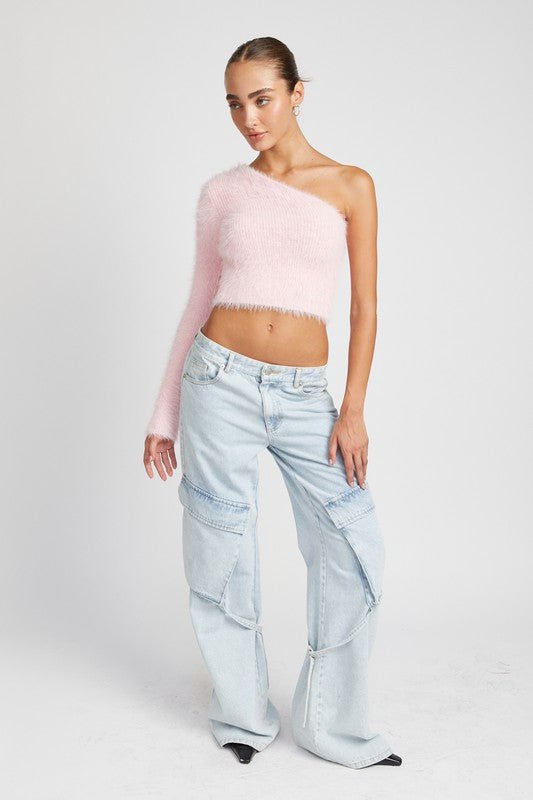 Cora One Shoulder Fuzzy Knit Cropped Top - ShopRbls