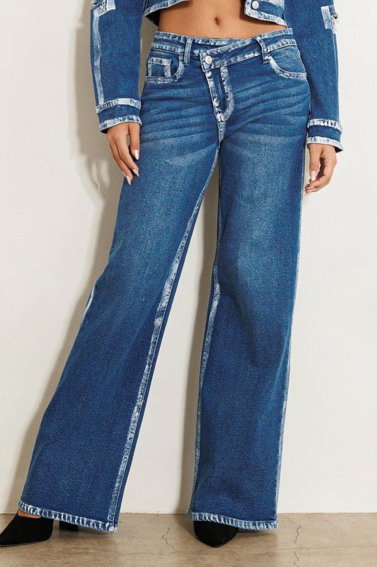 Country Gal Crossed Front Low Rise Wide Leg Jeans - ShopRbls