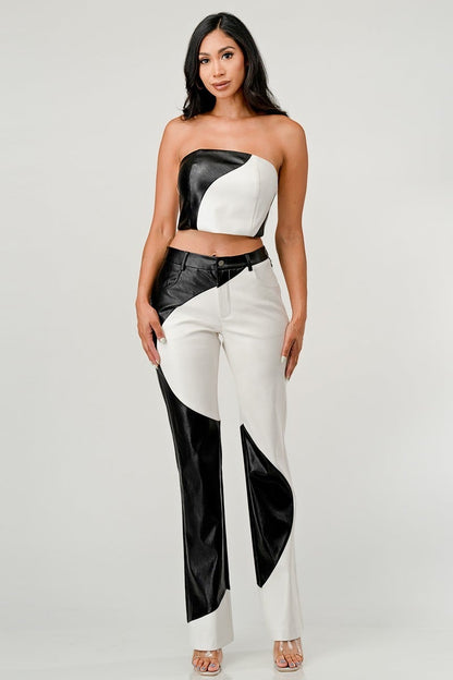 Karma Contrast Faux Leather Two Piece Pant Set