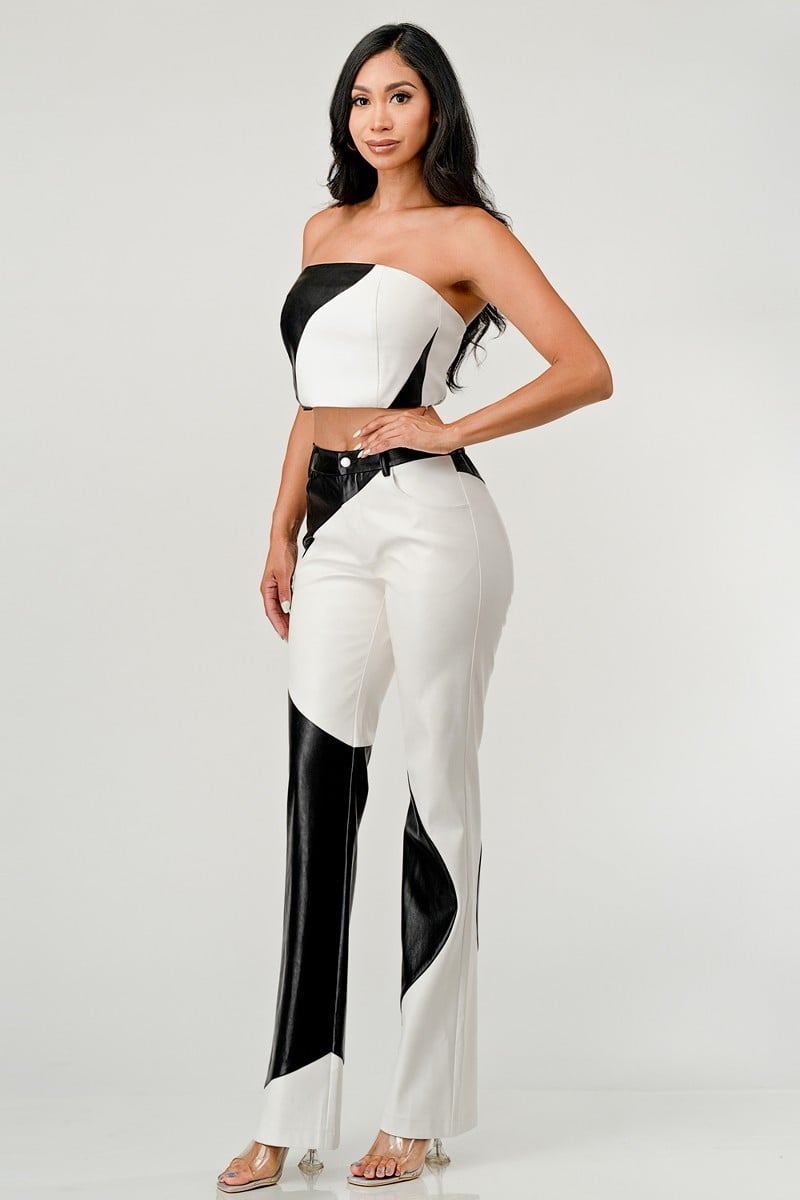 Karma Contrast Faux Leather Two Piece Pant Set