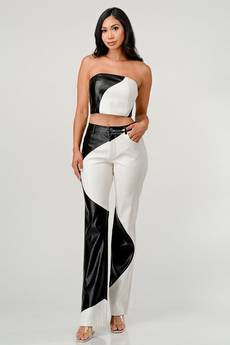 Karma Contrast Faux Leather Two Piece Pant Set