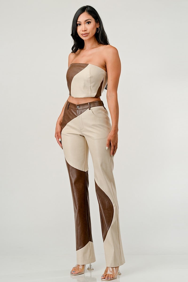 Karma Contrast Faux Leather Two Piece Pant Set