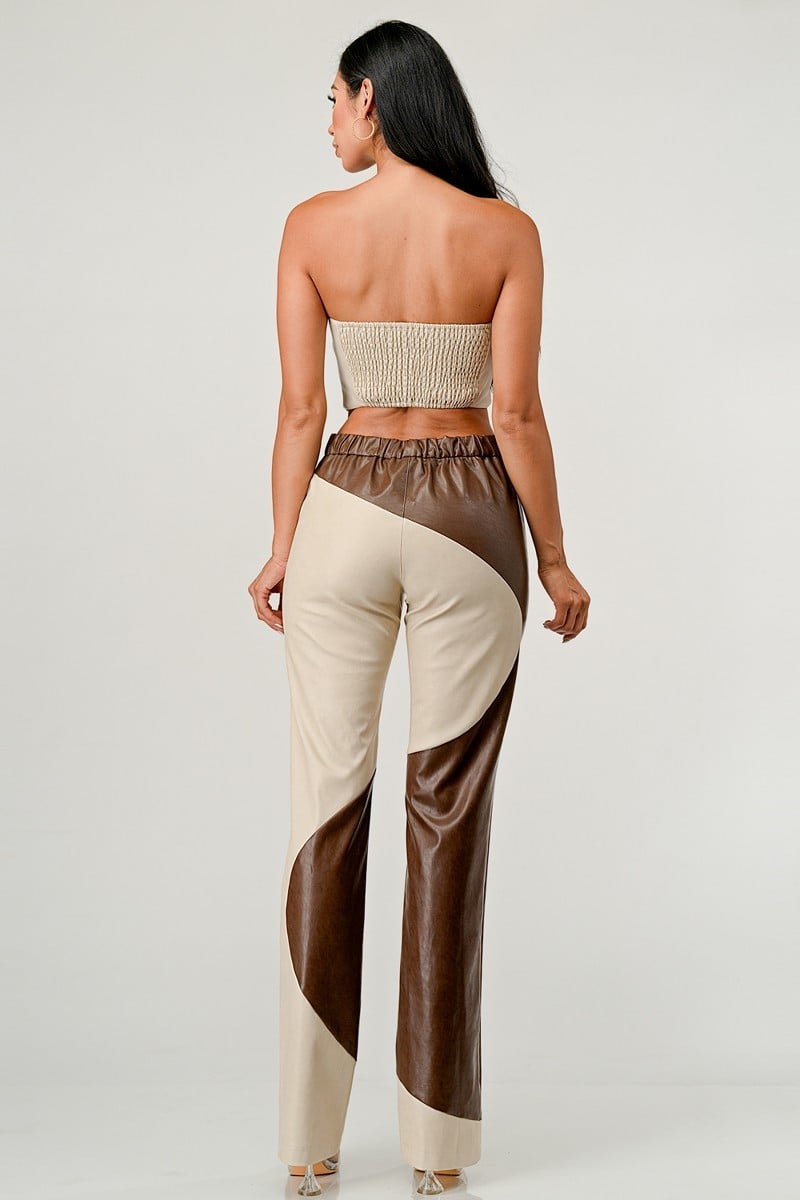 Karma Contrast Faux Leather Two Piece Pant Set