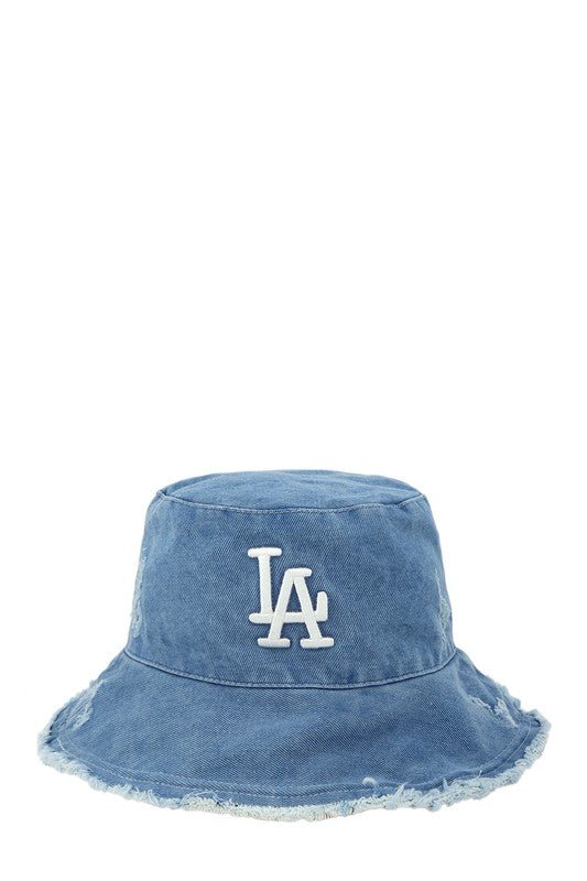 Distressed Hem Wired Brim LA Denim Bucket Hat - ShopRbls