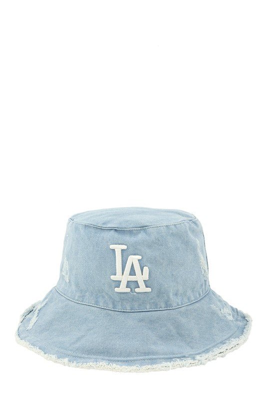 Distressed Hem Wired Brim LA Denim Bucket Hat - ShopRbls