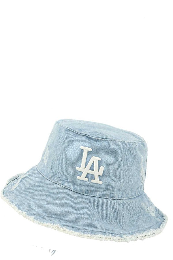 Distressed Hem Wired Brim LA Denim Bucket Hat - ShopRbls