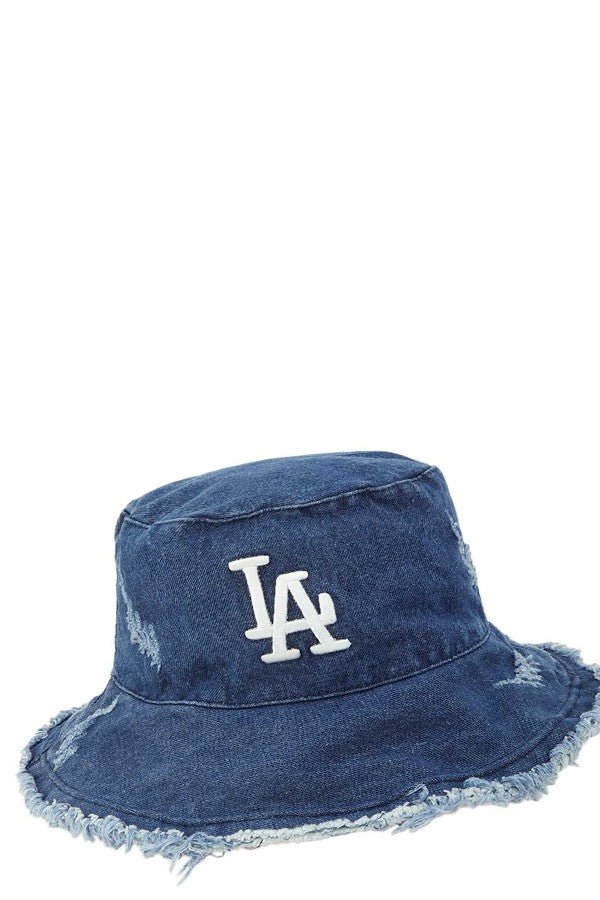 Distressed Hem Wired Brim LA Denim Bucket Hat - ShopRbls