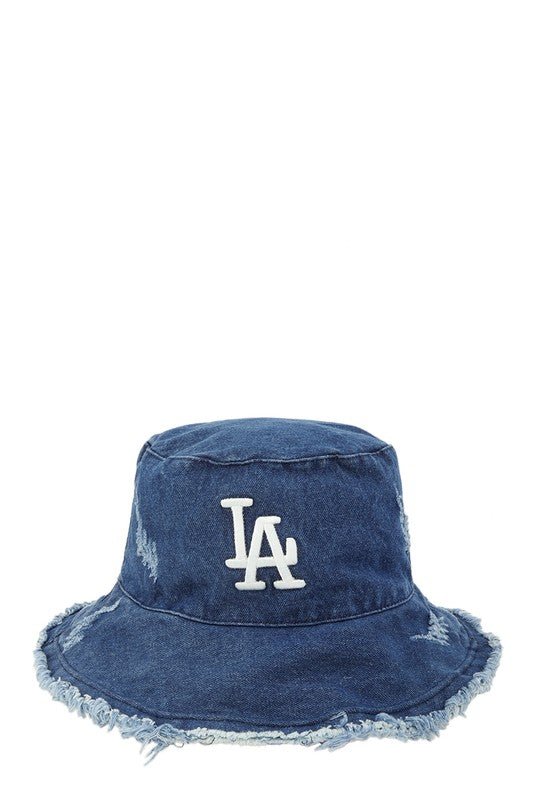 Distressed Hem Wired Brim LA Denim Bucket Hat - ShopRbls