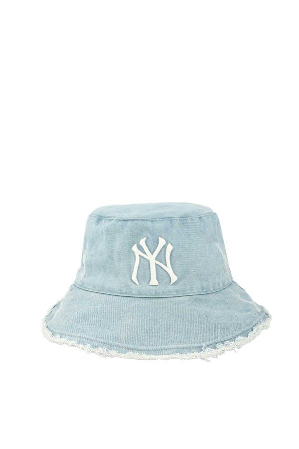 Distressed Hem Wired Brim NY Denim Bucket Hat - ShopRbls