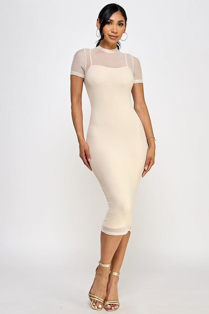 Belinda Sheer Mock Neck Bodycon Mesh Midi Dress