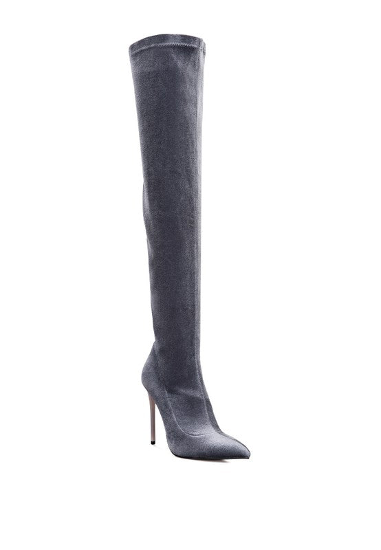 Mademoiselle Pointed Toe Velvet Knee High Boots