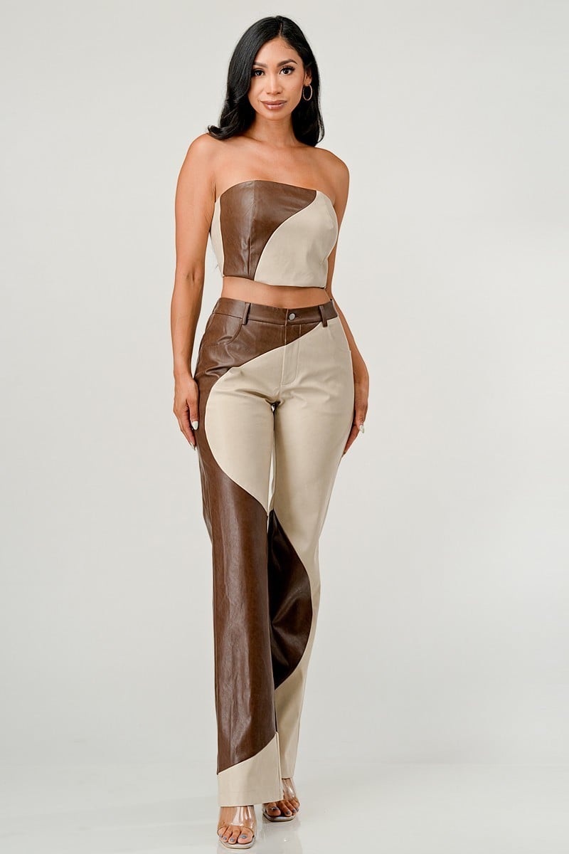 Karma Contrast Faux Leather Two Piece Pant Set