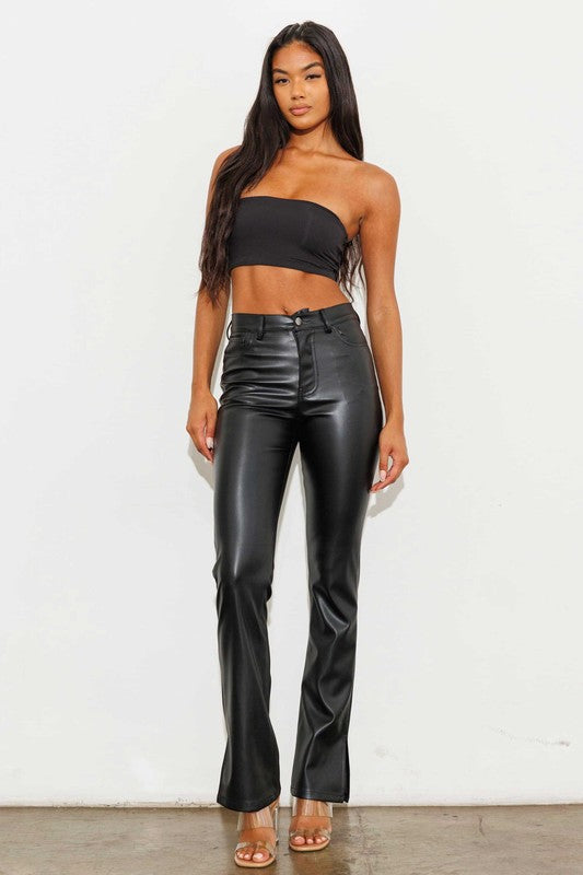 Black Cherry HIgh Waist Side Slit Bootcut Faux Leather Pants