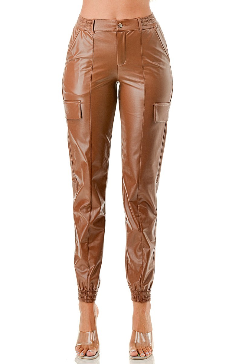 Kimmi High Waist Ankle Cuff Faux Leather Cargo Pants